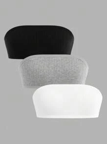 Conjunto de 3 piezas de blusas de tubo sencillas en negro, blanco y gris con almohadillas para el pecho y diseño antideslizante para niñas preadolescentes