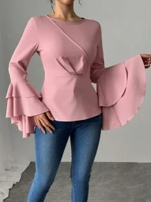 Chiquease Blusa elegante de mujer con doble capa y volantes en los puños - Rosa - Ver 3
