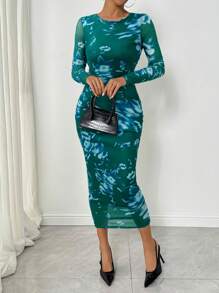 SHEIN Clasi Women's Round Neck Long Sleeve Printed Slim-Fit Long Dress