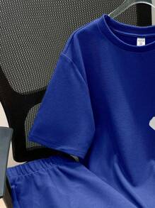 SHEIN Leap Crew 2 件套青少年男童休闲笑脸印花针织短袖 T 恤和印花短裤套装，简约百搭，适合日常穿着 - 寶藍色 - 查看 4