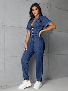 SHEIN SXY Women's Short Sleeve Button Half-Placket Casual Denim Jumpsuit - Medium Wash - View 4