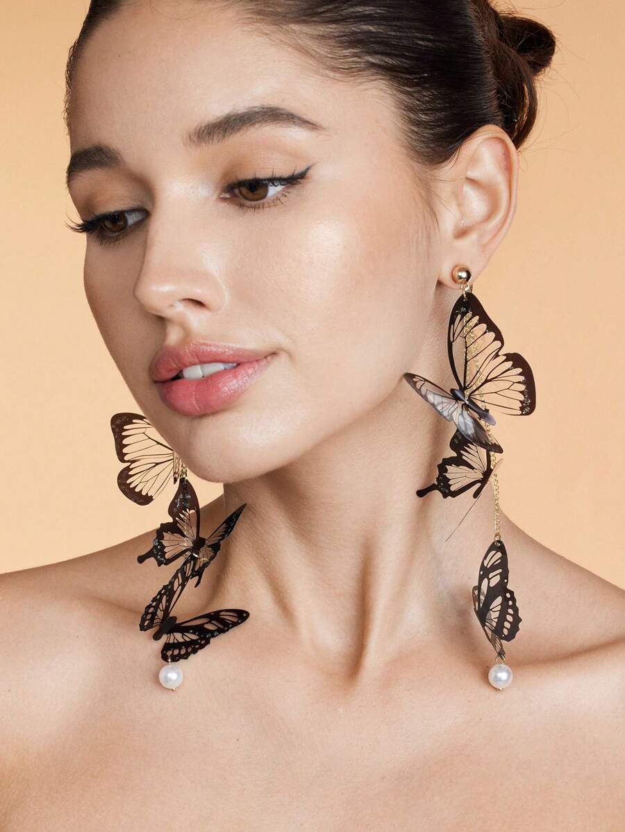 SHEIN BAE Hoa tai tua rua hình bướm Acrylic dài, phong cách giản dị tối giản hàng ngày - màu đen - Xem 1