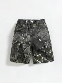 SHEIN Baby Boy Street Cool Camouflage & Branch Print Wide Leg Denim Shorts With Cargo Pocket, For Streetwear - Multicolor - View 1