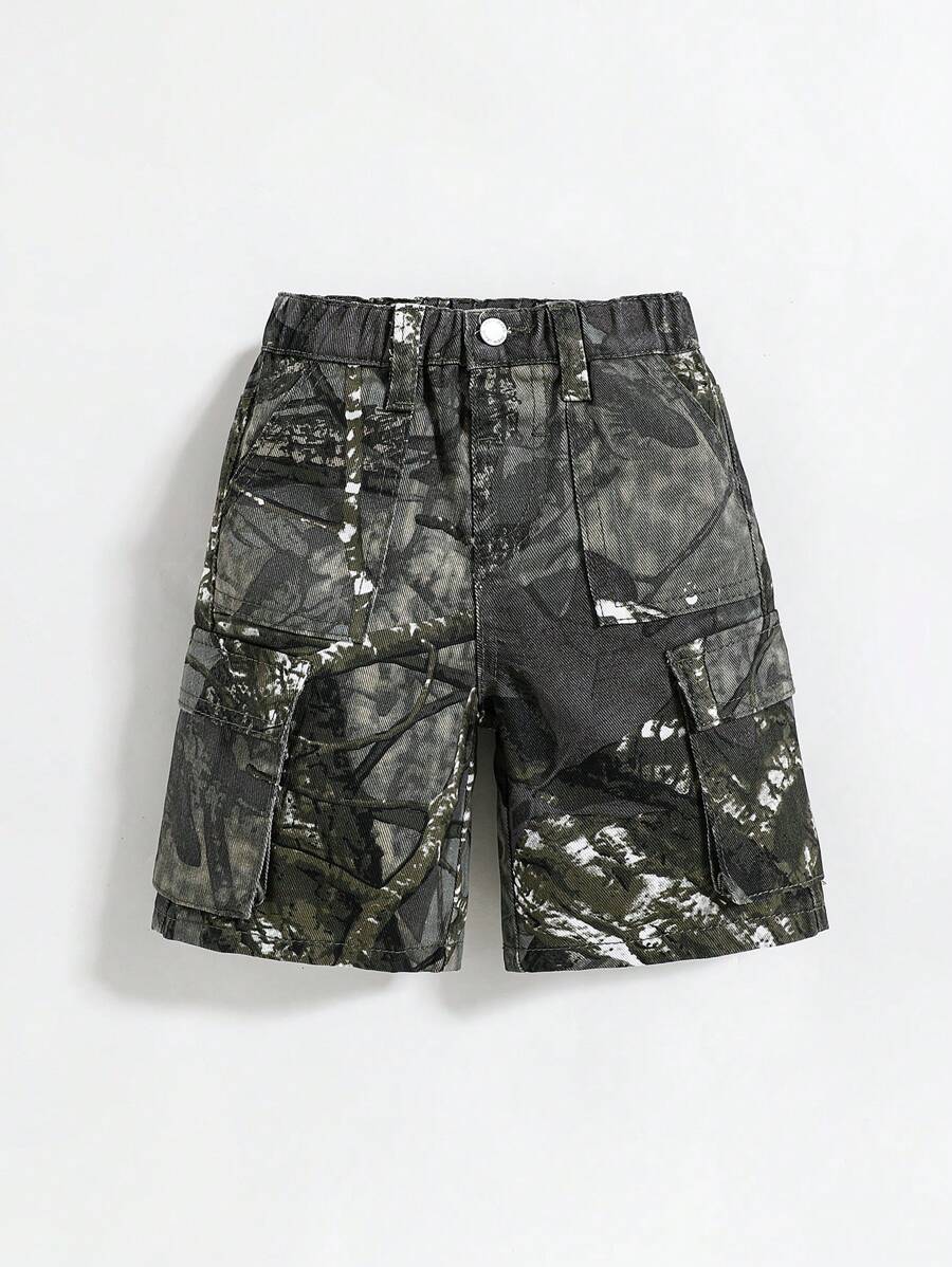 SHEIN Baby Boy Street Cool Camouflage & Branch Print Wide Leg Denim Shorts With Cargo Pocket, For Streetwear - Multicolor - View 1
