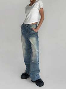 DAZY 1pc Women Rhinestone Decor Round Neck Fitted Short Sleeve White T-Shirt, Spring/Summer