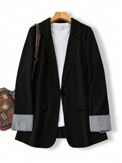 SHEIN LUNE بلوزر كاجوال مقلم متعدد الألوان المقاس الكبير، خريفي