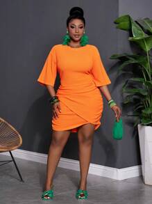 Slaydiva Plus Size Elegant Cross Ruched Hem Mini Casual Dress - Coral Orange - View 2