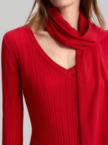 Ontre 女式红色 90 年代风格休闲罗纹针织 V 领毛衣，2025 年新品系列 - 紅色 - 查看 3