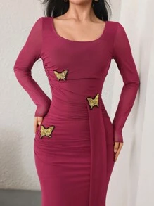 Modelyn Women's Elegant Mesh Butterfly Decor Ruched Waist Dress, Suitable For Dates - Burgundy - View 4