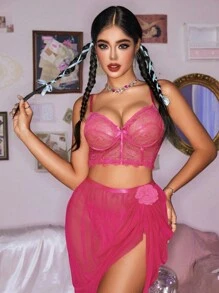 3pcs/Set Lace & Mesh Floral Women's Sexy Lingerie Set With Underwire [Top + Skirt + G-String] - Hot Pink - View 9