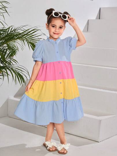 SHEIN 编织格子泡泡袖撞色宽松休闲连衣裙，适合年轻女孩