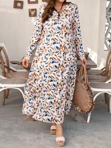 EMERY ROSE Plus Size Women's Loose Floral Print Round Neck Long Dress With Flared Hem, In Brown Tones, Autumn Winter Maxi Women Outfit