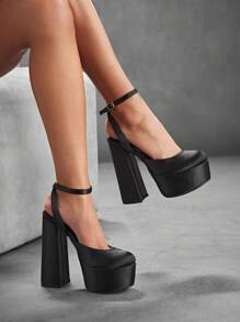 CUCCOO SZL 时尚黑色厚底踝带粗高跟鞋，适合通勤、约会、派对、节日活动情人节春假复活节舞会高跟鞋 - 黑色 - 查看 2