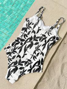 SHEIN VCAY Women's Spaghetti Straps Allover Allover Print Slim-Fit One Piece Swimsuit For Summer Beach Vacation, Summer Clothes, Valentine's Day, Vacation Outfits Woman, Beach Outfits For Woman, Festival, Romantic, Bohemian, BOHO, Sweet, Rave Outfits Festival, Tropical Vacation Woman Clothes, Carnaval
