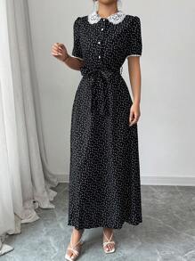 Modelyn 优雅波尔卡圆点 & 心形印花蕾丝拼布长裙 - 黑色 - 查看 4
