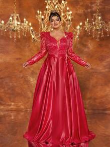 Glamrae Vestido de noche elegante y lujoso de talla grande con bordados y rhinestones, con una combinación de satén y tela roma. - Burdeos - Ver 5