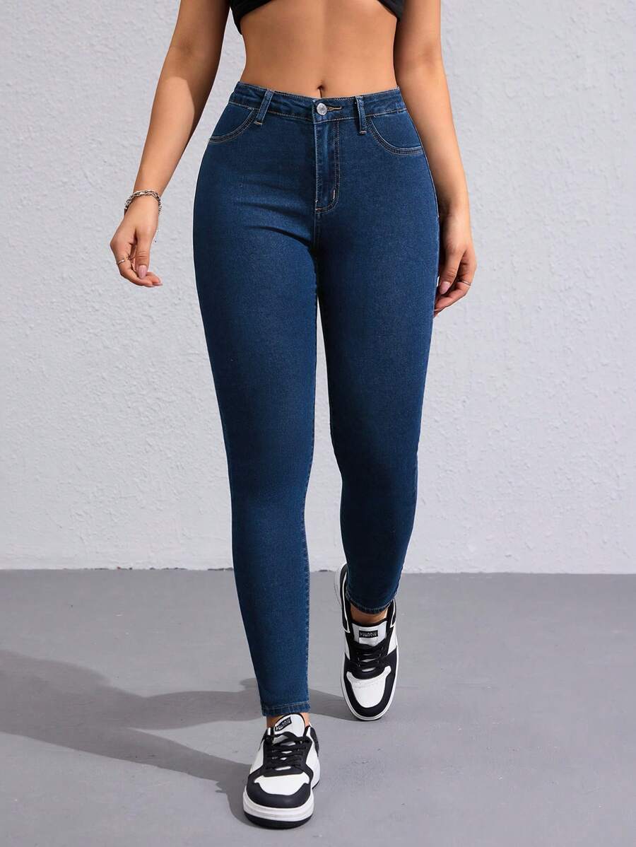 Flexra 女士时尚休闲斜口袋紧身牛仔裤 - 深色水洗藍 - 查看 1