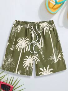 Surfspeed Men's Casual Coconut Tree Print Drawstring Waist Beach Shorts - Army Green - View 1