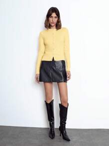 Maija 女士优雅纯黄色圆领前扣长袖简约时尚百搭毛衣上衣，适合圣诞节、休闲、商务、日常穿着，秋冬季奶油黄色上衣 - 黃色 - 查看 3