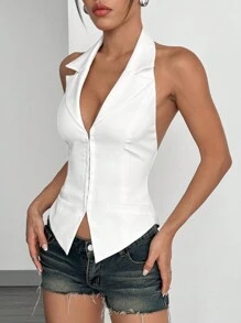 SHEIN EZwear Women's Fashionable Sexy Solid Color Backless Halter Neck Top - White - View 6