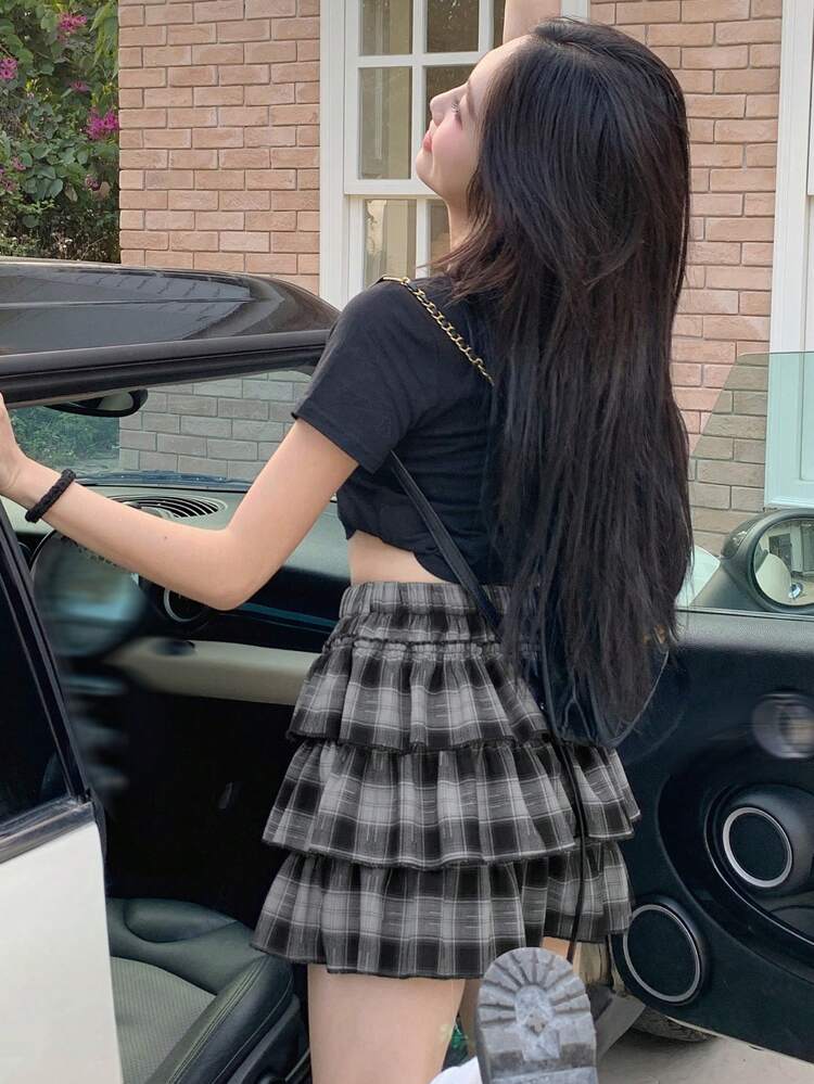 Plaid Cute Cake Skirt Shorts With Ruffle Hem, For Women, Spring/Summer