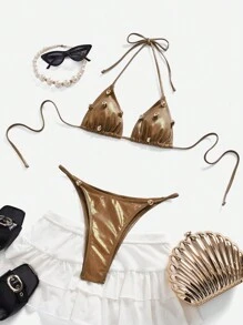 SHEIN Swim Women's Elegant Sexy Metal Decor Shiny Metallic Fabric Bikini Two Pieces Set Summer