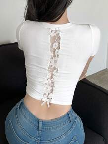 DAZY Women's Back Hollow Out Mesh Patchwork Short Sleeve T-Shirt Summer,Crop Tops Women - White - View 4