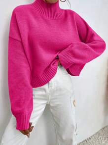 EURMUSE Solid High Neck Sweater - Hot Pink - View 4