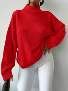 RueChic 女性純色立領下垂肩毛衣 - 紅色 - 查看 5