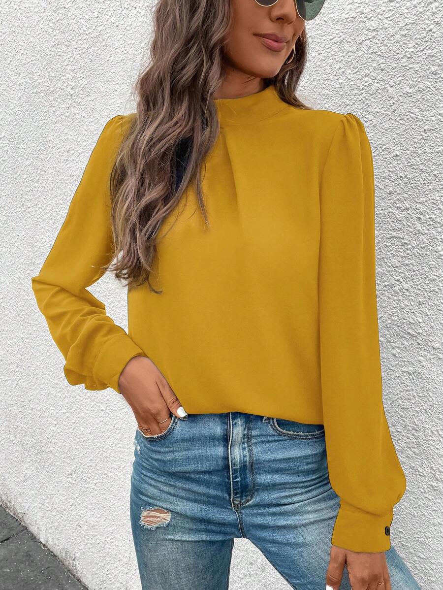 SHEIN Clasi 女士纯色立领泡泡袖休闲衬衫 - 黃色 - 查看 1
