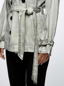 SUMWON WOMEN Foiled Denim Oversized Trench Coat Designer Double-Breasted Belted Outerwear Metallic Finish Street Style Fashion Statement Piece Fall Winter - Black - View 7