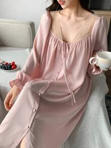 DAZY Camisón de satén con cuello de encaje en contraste y cordón