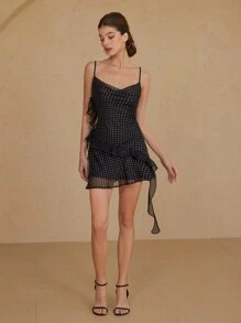 GENKIRA Kurzes Kleid mit Rüschensaum und Polka Punkten, romantischer französischer Stil, Crop-Länge, taillenformend, Chiffon, für Damen - Schwarz - Übersicht 7