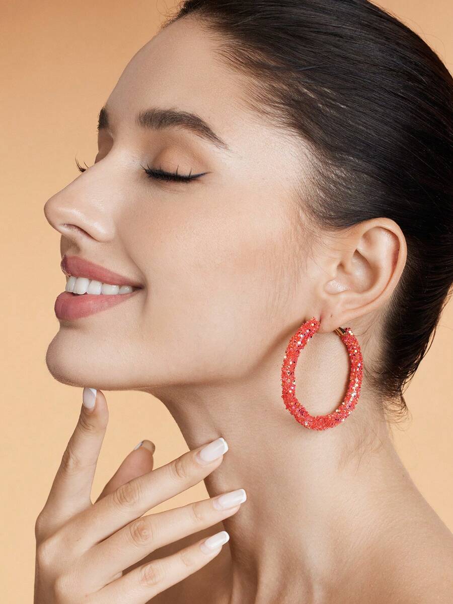 SHEIN BAE 时尚夸张红水晶耳环 - 紅色 - 查看 1