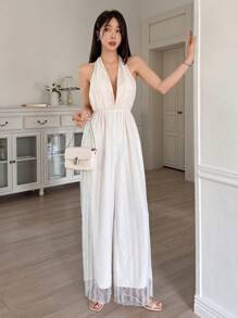 DAZY Elegante mono de mujer suelto con cuello en V de encaje a contraste, conjunto de ropa de mujer para primavera/verano, crucero, mono, atuendo de playa
