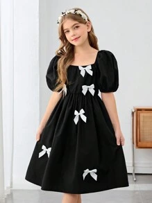 SHEIN Nova Glow Tween 女童梭织蝴蝶结方领泡泡袖迷你连衣裙 - 黑色 - 查看 3