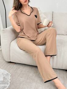 卡其色心形印花女式休闲家居服套装 - 卡其色 - 查看 5