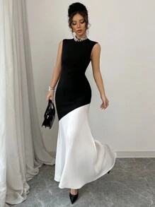 Elenzga Vestido entallado de estilo francés sin mangas de sirena con patchwork para mujeres