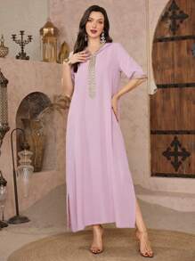 Al Najma Solid Color V-Neck Patchwork Casual Loose Tunic Kaftan Jalabiya Dress - Pink - View 4