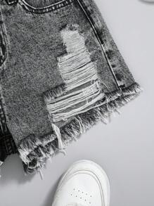 SHEIN Tween Girls Y2k Fashion Casual Boho Ripped Raw Hem Denim Jeans Shorts,Girls Summer And Spring Clothes Outfits - Black - View 5