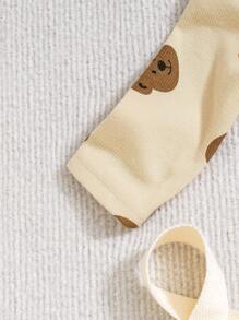 SHEIN 3 件套新生儿柔软蛇纹长袖上衣、连脚裤和帽子睡衣套装，秋冬 - 杏色 - 查看 7