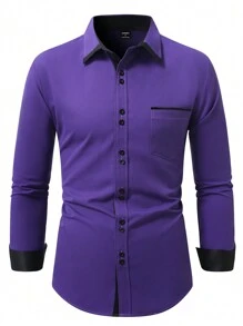 Manfinity Mode Men's Autumn Single-Breasted Casual Business Shirt, Long Sleeve, For Fall - Purple - View 3