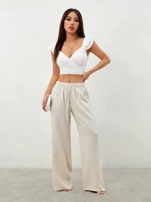 SHEIN PETITE 女式系带口袋长裤 - 杏色 - 查看 4