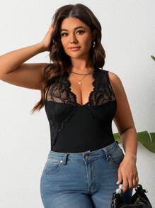 SHEIN Clasi Plus Size Fashionable Sexy Lace Patchwork Camisole - Black - View 7