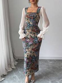 Modelyn Women's Multi-Color Patchwork Print Chiffon Square Neck Waistline Bodycon Long Sleeve A-Line Dress, Elegant