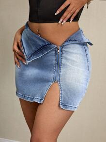SHEIN SXY Sexy Party Asymmetric Zip Closure Denim Mini Skirt - Blue - View 4