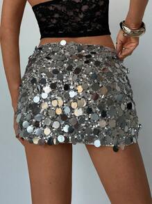 Aloruh Women's Carnival Sexy Low Waist Sequin Mini Skirt Women Club & Party Silver Skirts Women Music Festival Outfits Club Outfits Women Sexy - Silver - View 2