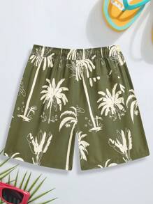 Surfspeed Men's Casual Coconut Tree Print Drawstring Waist Beach Shorts - Army Green - View 2