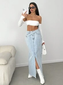 EURMUSE LOW RISE MAXI DENIM SKIRT WITH SLIT AND BELT DETAIL - Light Wash - View 1