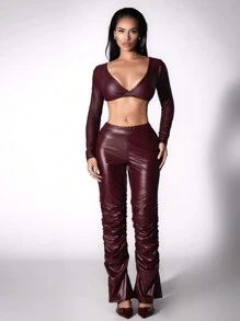 Zolique Women's Fashion Elastic Waist Ruched Faux Leather Pants Fall Cloth For Women